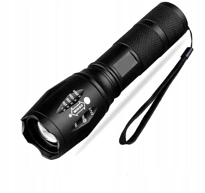 Mocna Latarka TAKTYCZNA LED Policyjna dioda ZOOM NA BIWAK SZPERACZ MEGA Cechy dodatkowe kurzoodporność uchwyt wodoodporność wstrząsoodporność