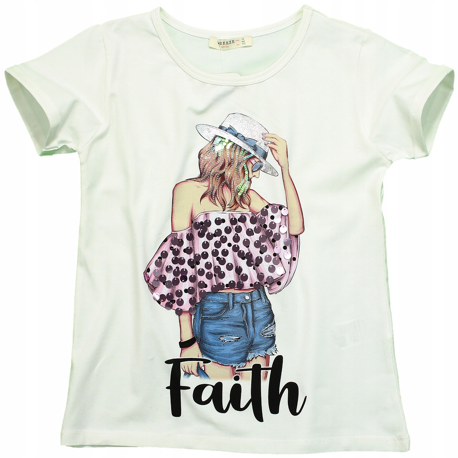 

Bluzka T-Shirt Nadruk Bawełna Cekiny Rękawek 146