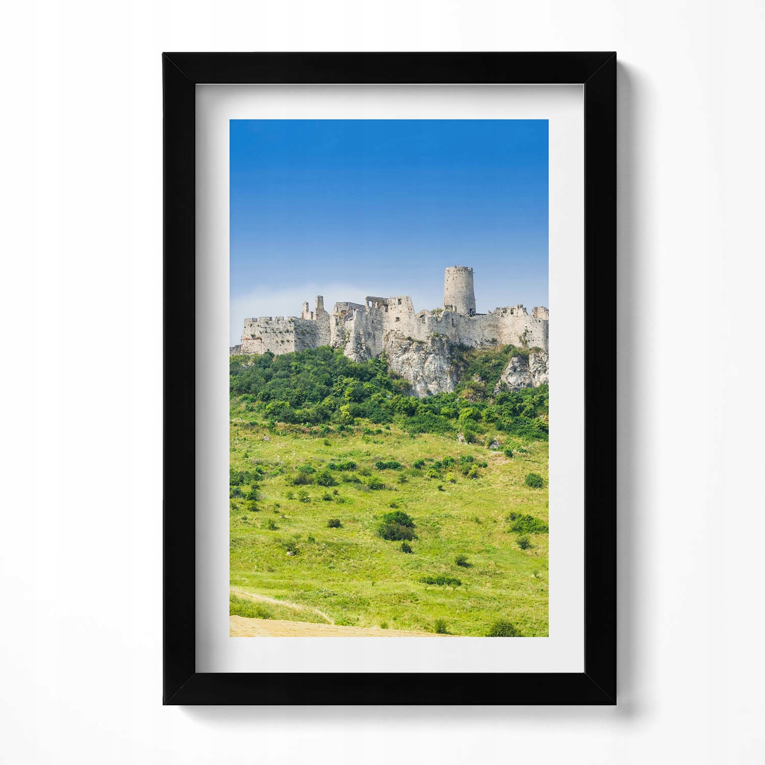Nástěnný obraz v černém rámu s grafikou Spišský hrad na Slovensku 20x30 cm