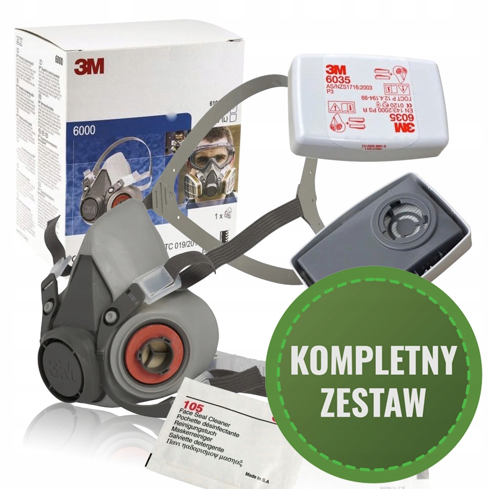 Maska Przeciwpyłowa 3M 6200 Filtry 6035 P3 R Półmaska Komplet Oryginał 3M