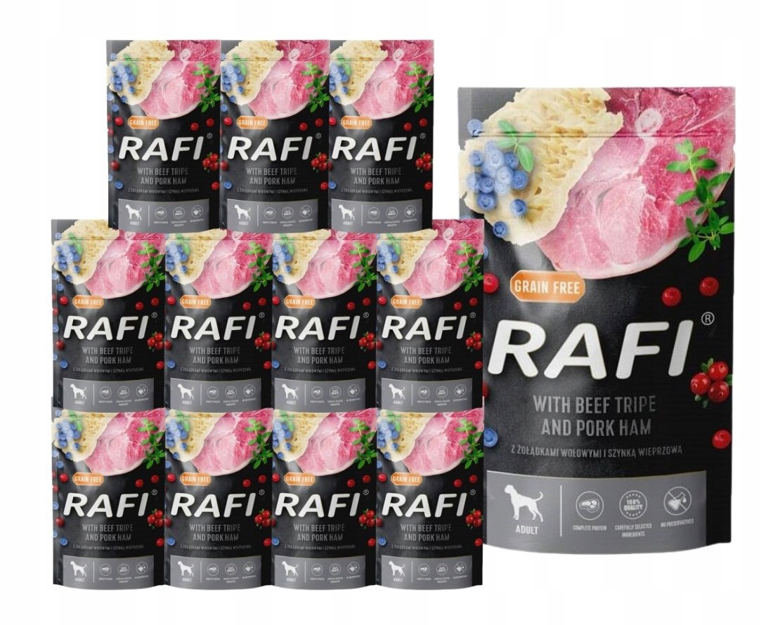 Levně Rafi vlhké krmivo pro psy s hovězími žaludky a šunkou, sáček 12x500 g