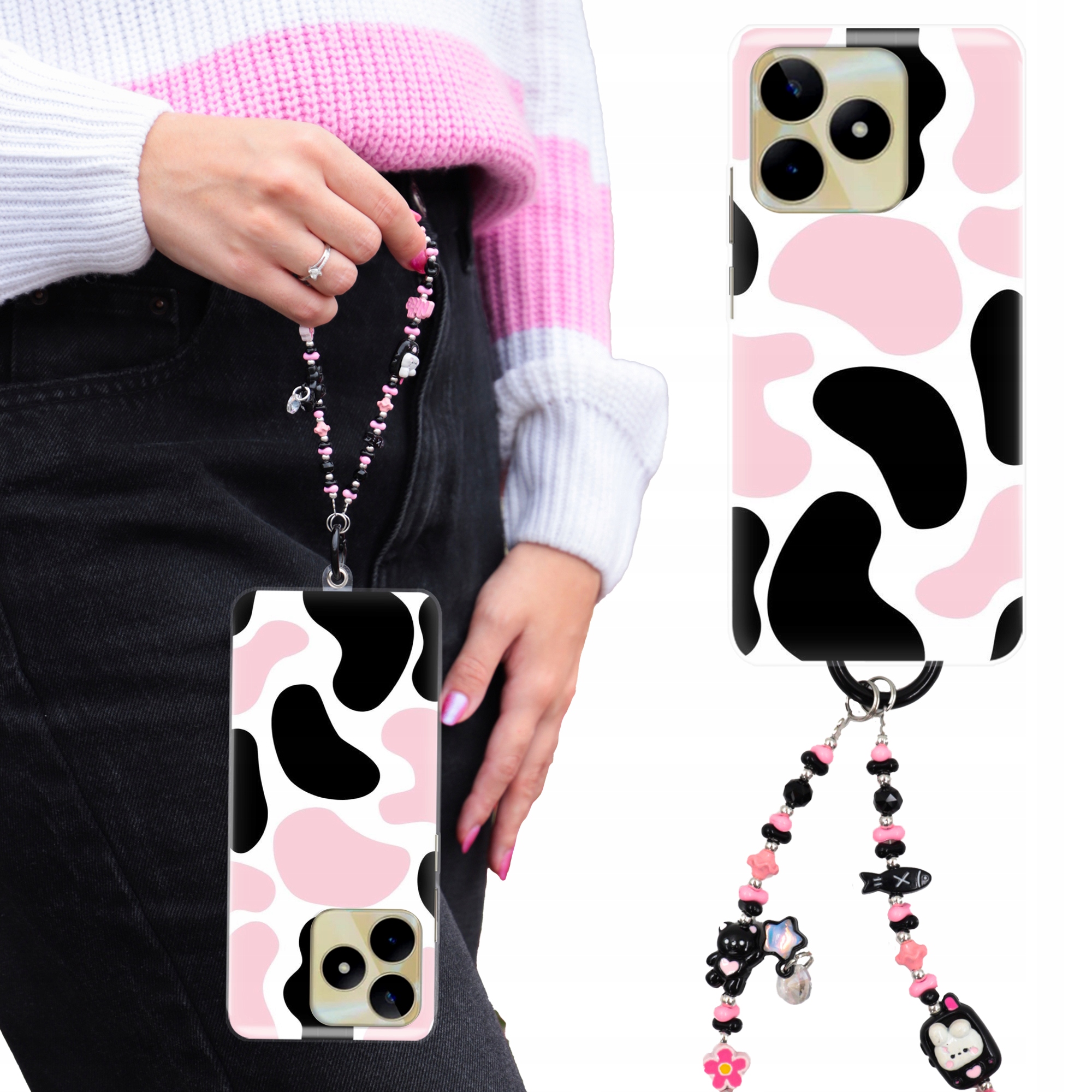 Puzdro Pre Realme C51 Puzdro Clear |tpu| Kľúčenka Mačiatko Ružovo-čierna Vzory
