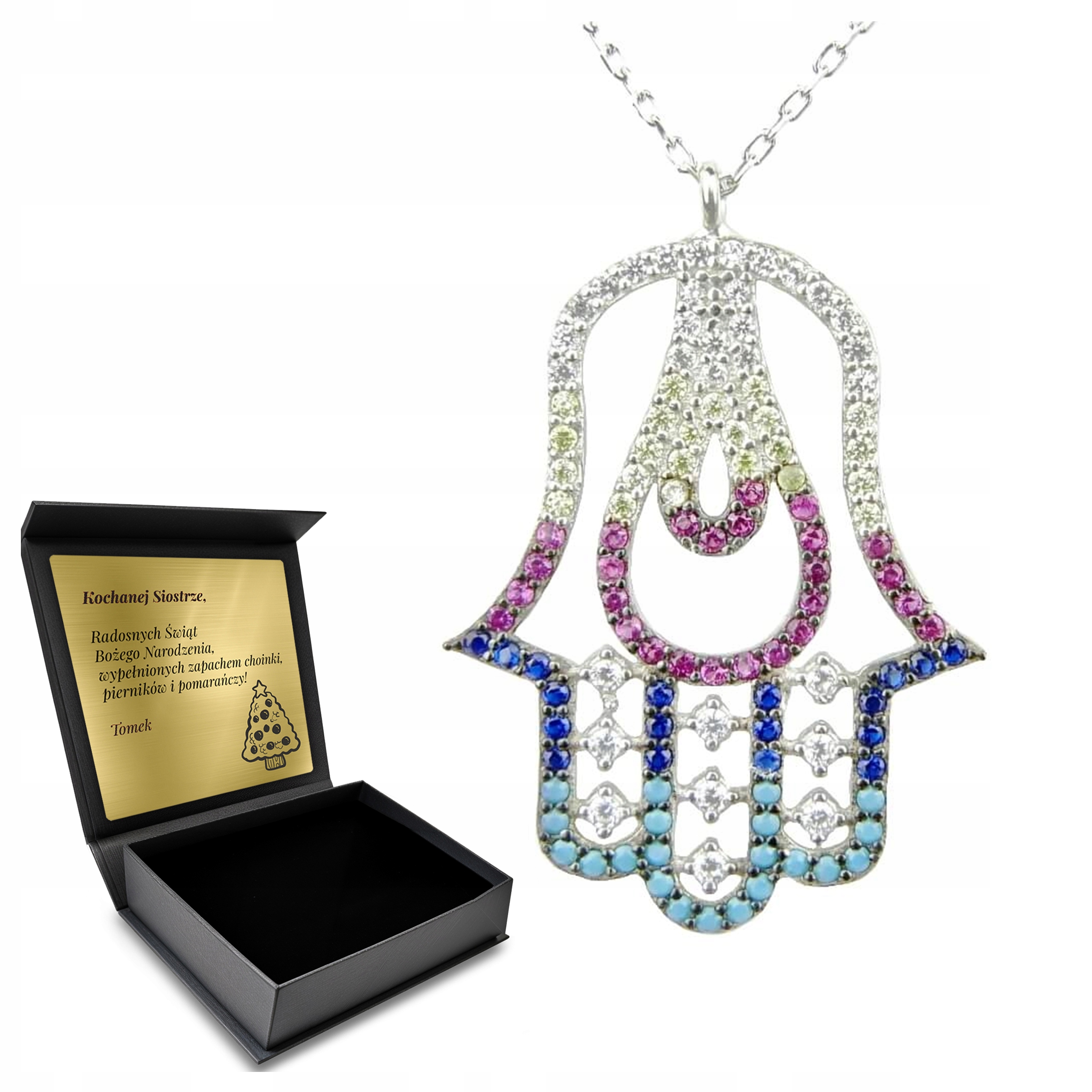 Řetízkový Řetízek se zirkony, stříbrný amulet Ruka Fátimy Gravírování Bonus