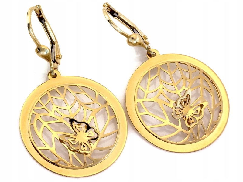 Náušnice zlaté 585 kulaté, exkluzivní, zdobené závěsnými prolamovanými náušnicemi s motýlkem