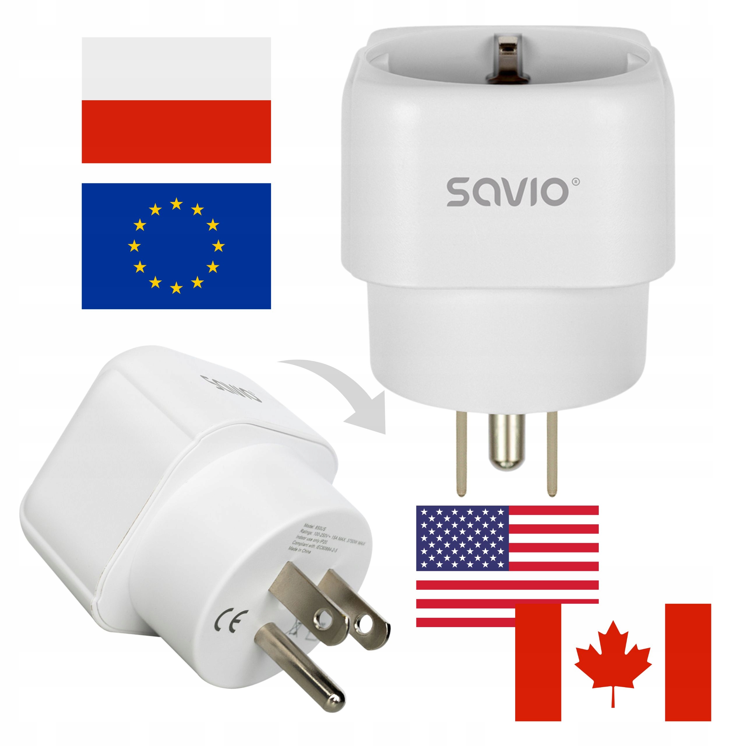 Adapter podróżny Przejciówka Gniazdo Eu Pl Wtyk Us Savio AP-03