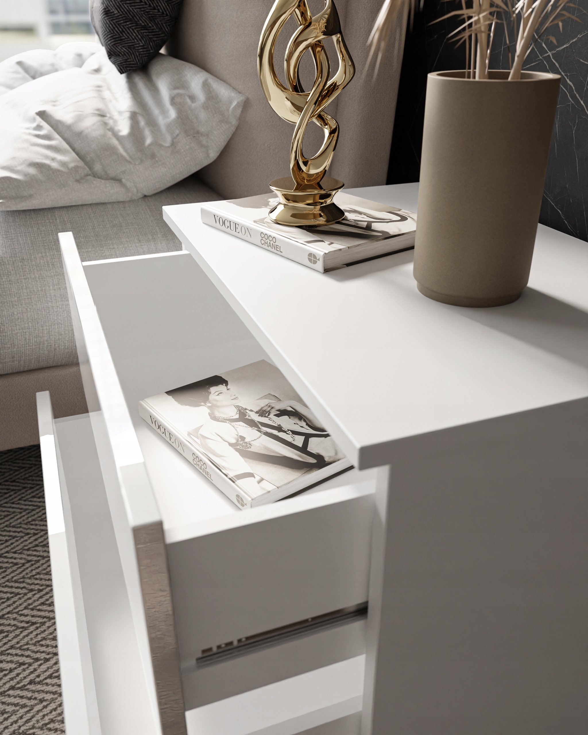 Stolik nocny LINA, POŁYSK + LED szafka push-open Głębokość mebla 36 cm