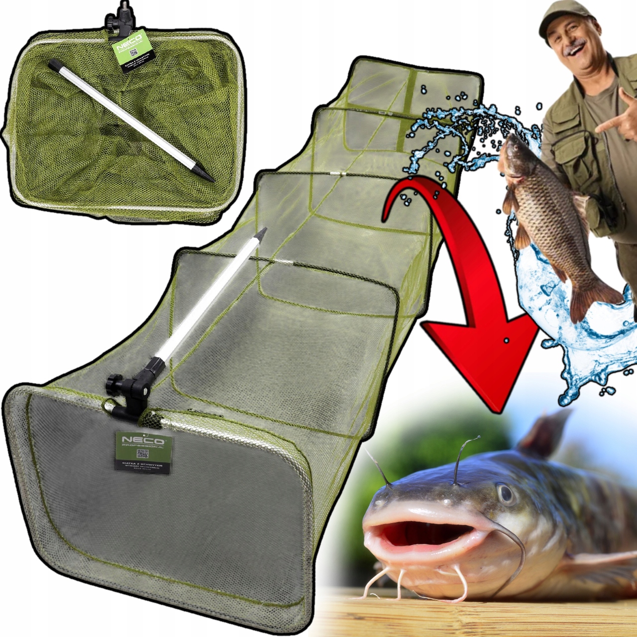 Duża Siatka Wędkarska Sztyca Mocna Profesjonalna Prostokątna Sadzyk 2m