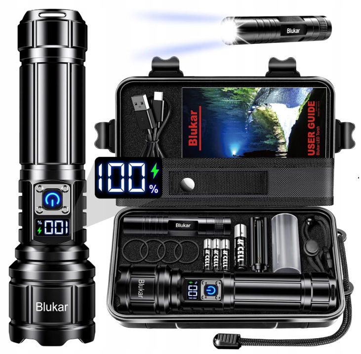 Latarka Led mocna bardzo jasna regulowana 5000 mAh IP67 wytrzymała z etui