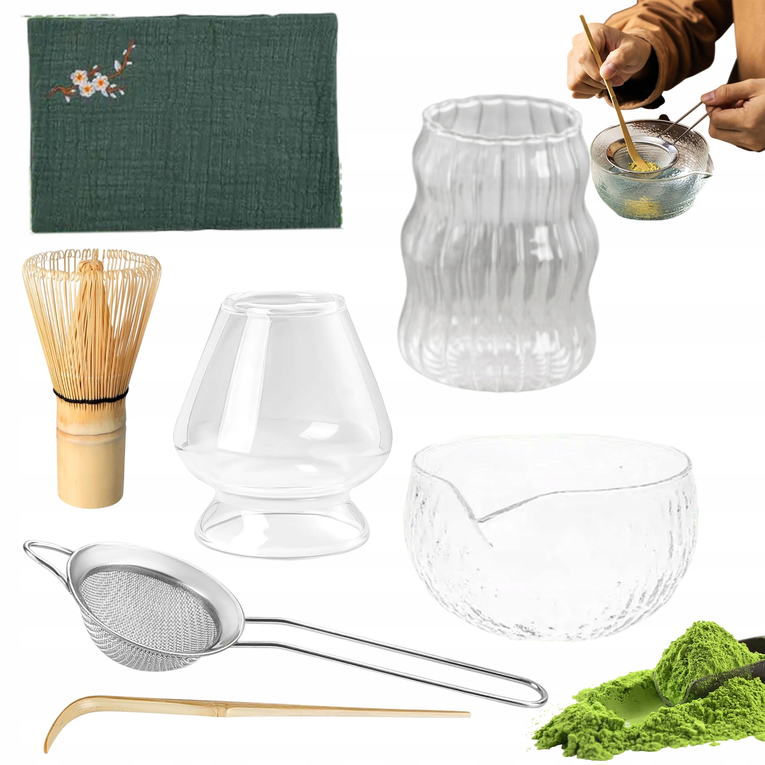 Levně 7DÍLNÁ Japonská Čajová Sada Matcha Z Tepaného Skla