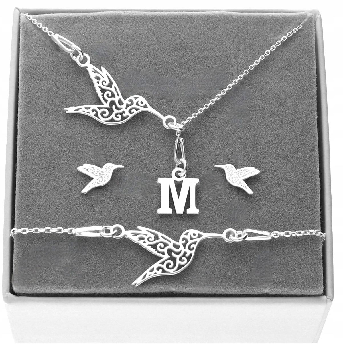 Sada Stříbrných Šperků 925 Kolibřík Písmenko Koliberek S Písmenem Gravírování