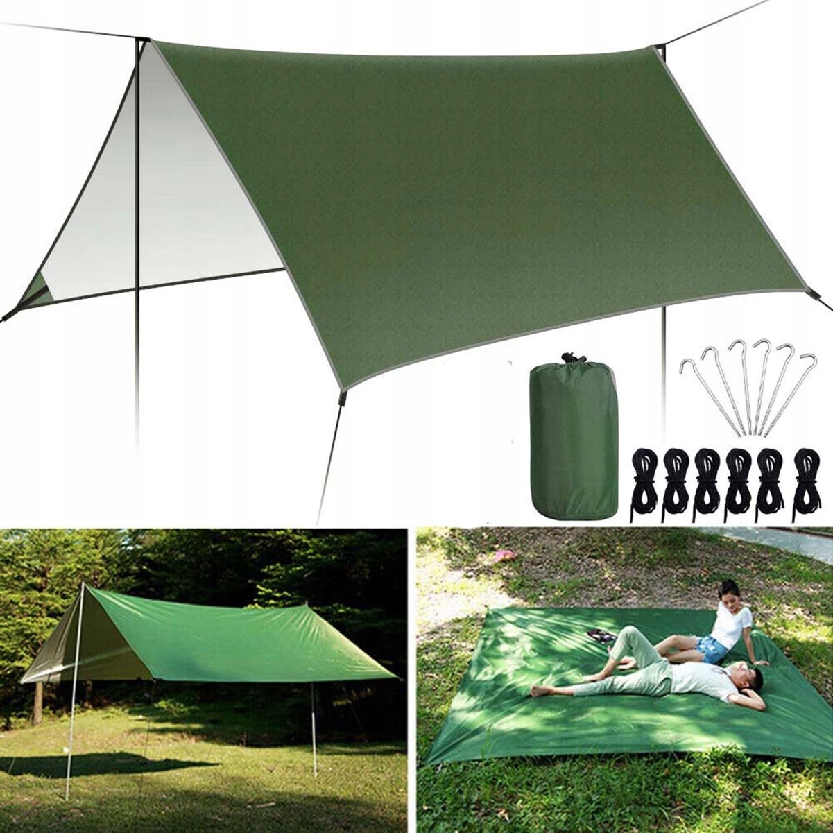 Tarp Płachta Biwakowa Wodoodporna Zestaw 3x3 M Żagiel Przeciwsłoneczny
