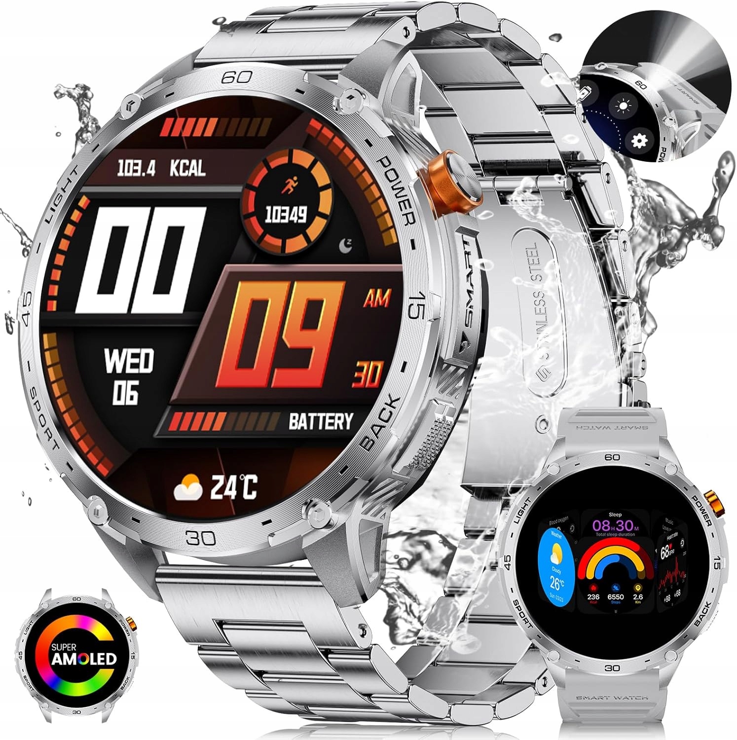 Lige smartwatch Amoled, IP68, ponad 100 dyscyplin, czarna bransoleta.