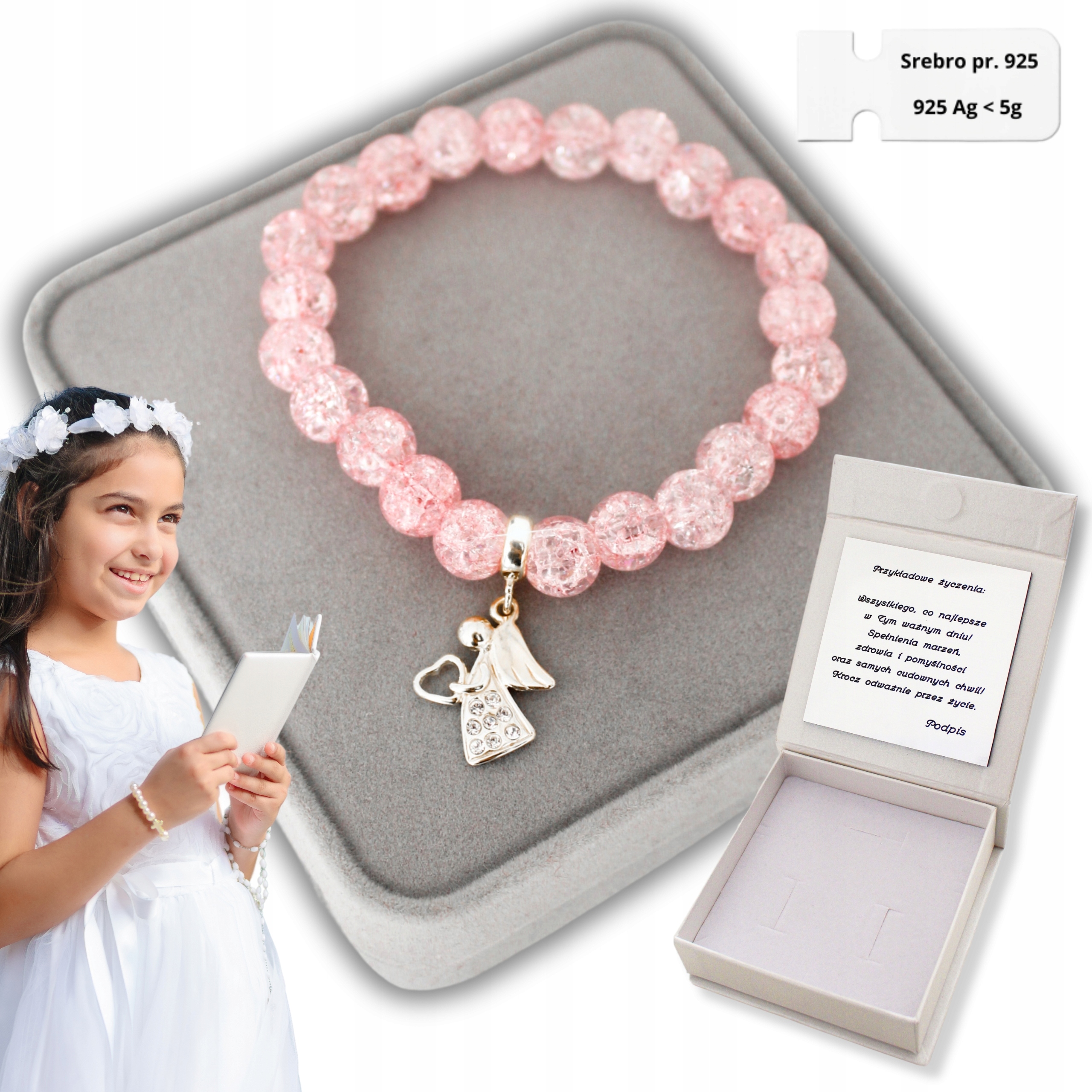 Stříbrný náramek s andělem pro holčičku Dárek ke svatému přijímání 925