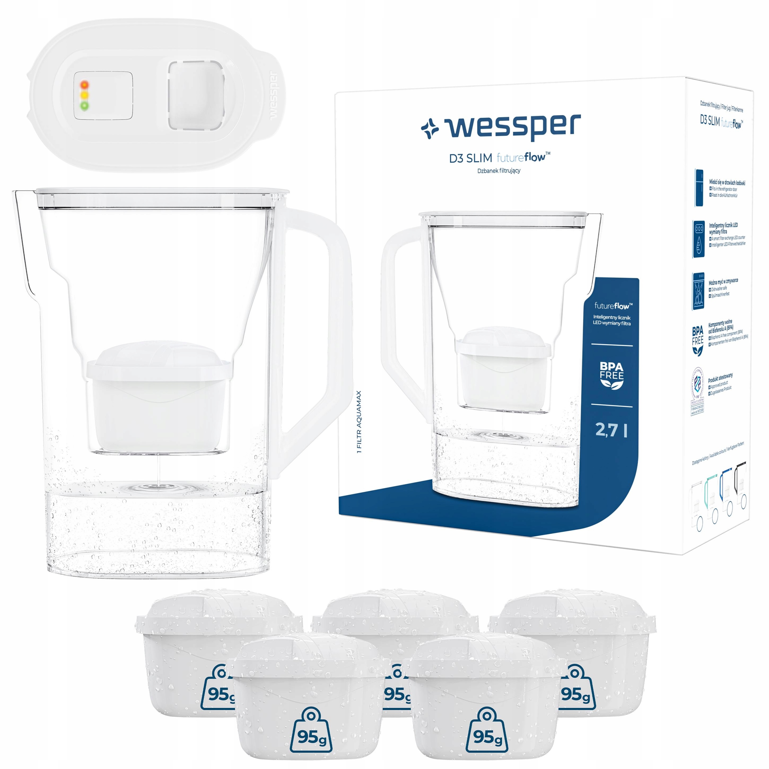 Dzbanek filtrujący Wessper D3 Slim FutureFlow Led 6x filtr wody Wessper