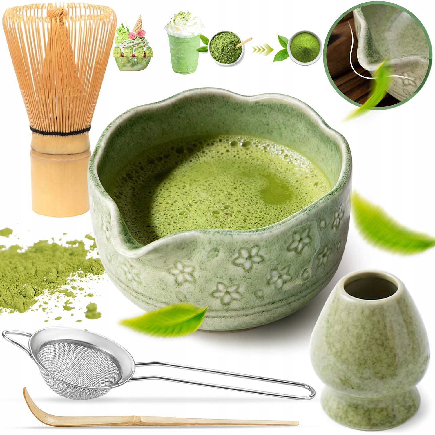 Levně Dárková Sada Na Čaj Matcha Metlička Podstavec Lžička 5V1