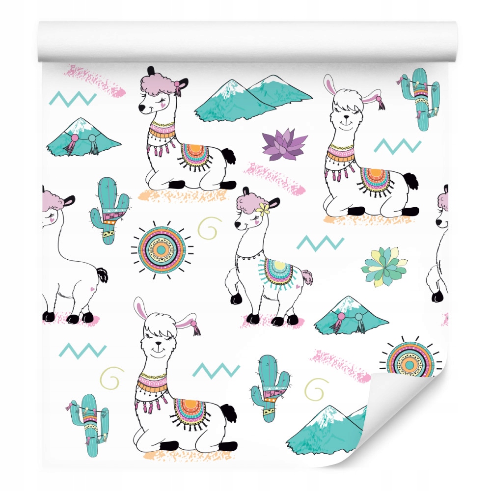 Tapeta s lamami, květinami, sluncem, do dětského pokoje