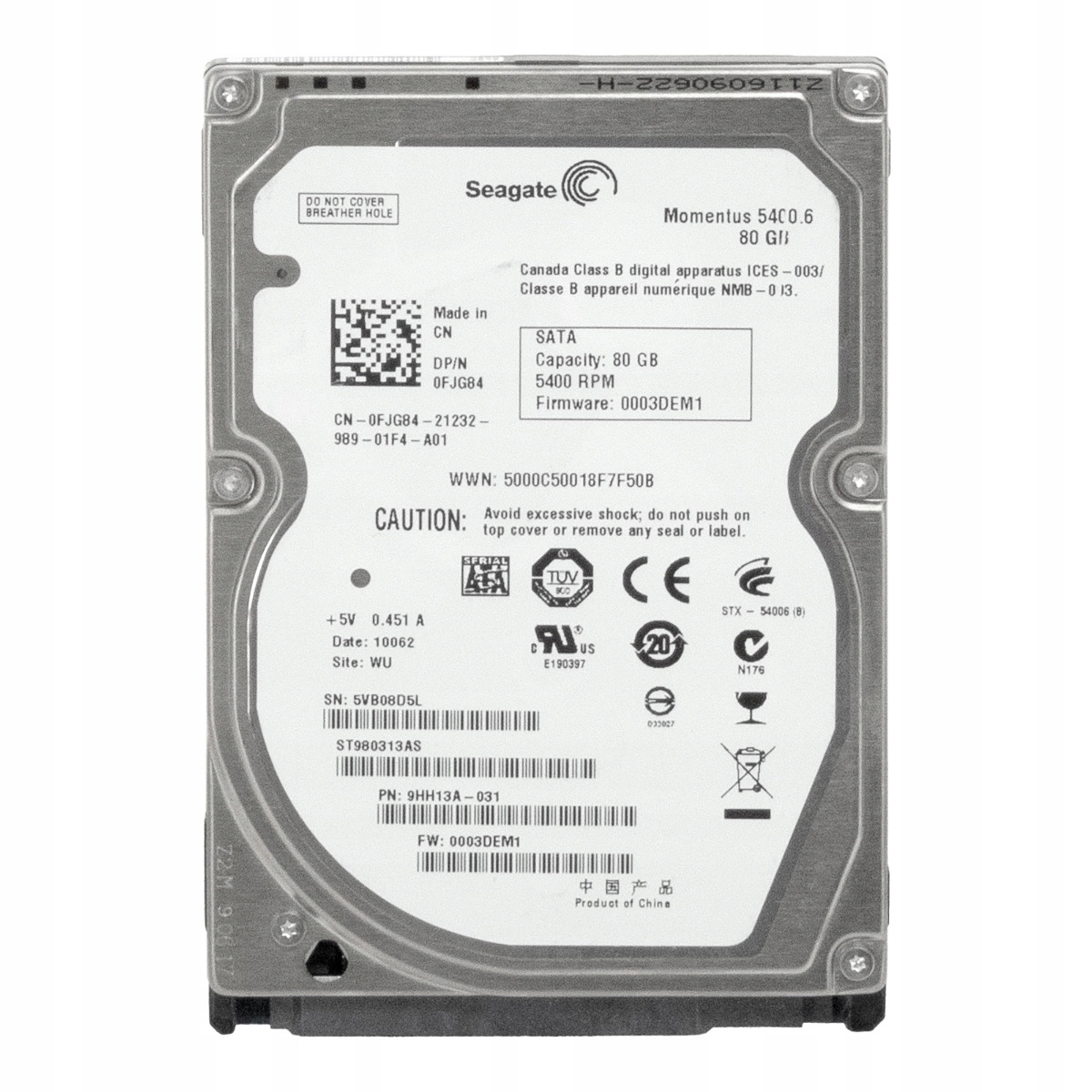 Dell 0FJG84 80GB 5.4K 8MB Sata II 2.5'' ST980313AS