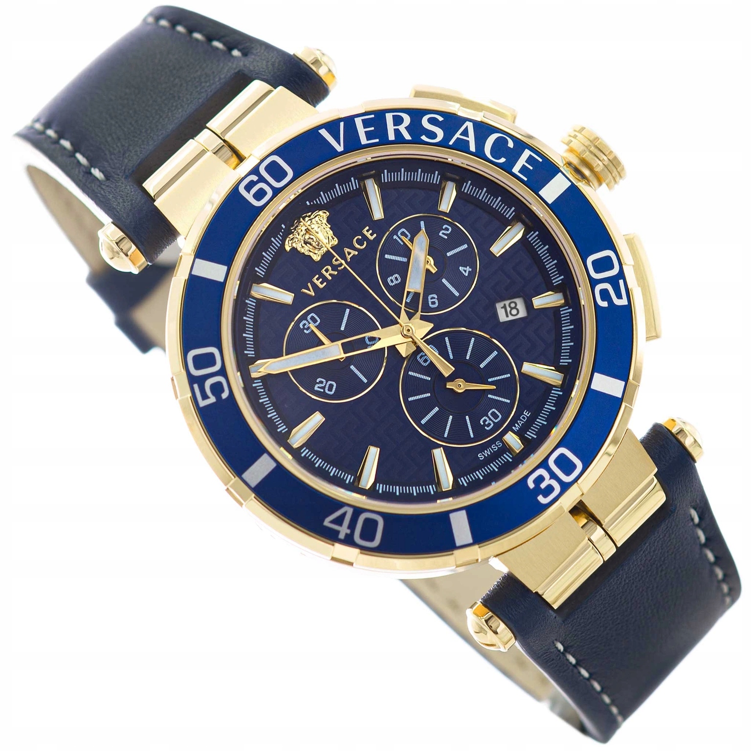 Pánské Hodinky Versace VE3L00322 Greca Chrono Tmavě Modré Na Řemínku Datumovka