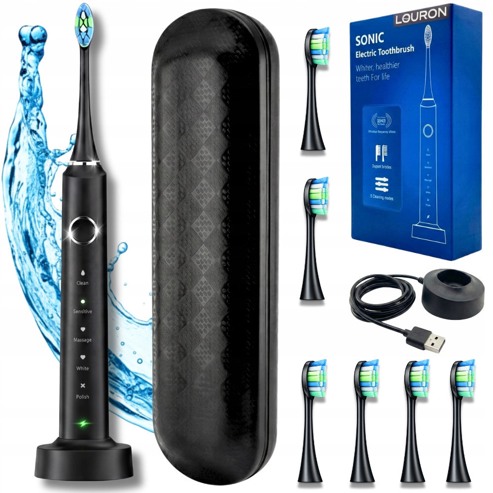 Szczoteczka Soniczna Do Zębów Czarna 38 tys. r/min 6 Końcówek Etui Indukcja