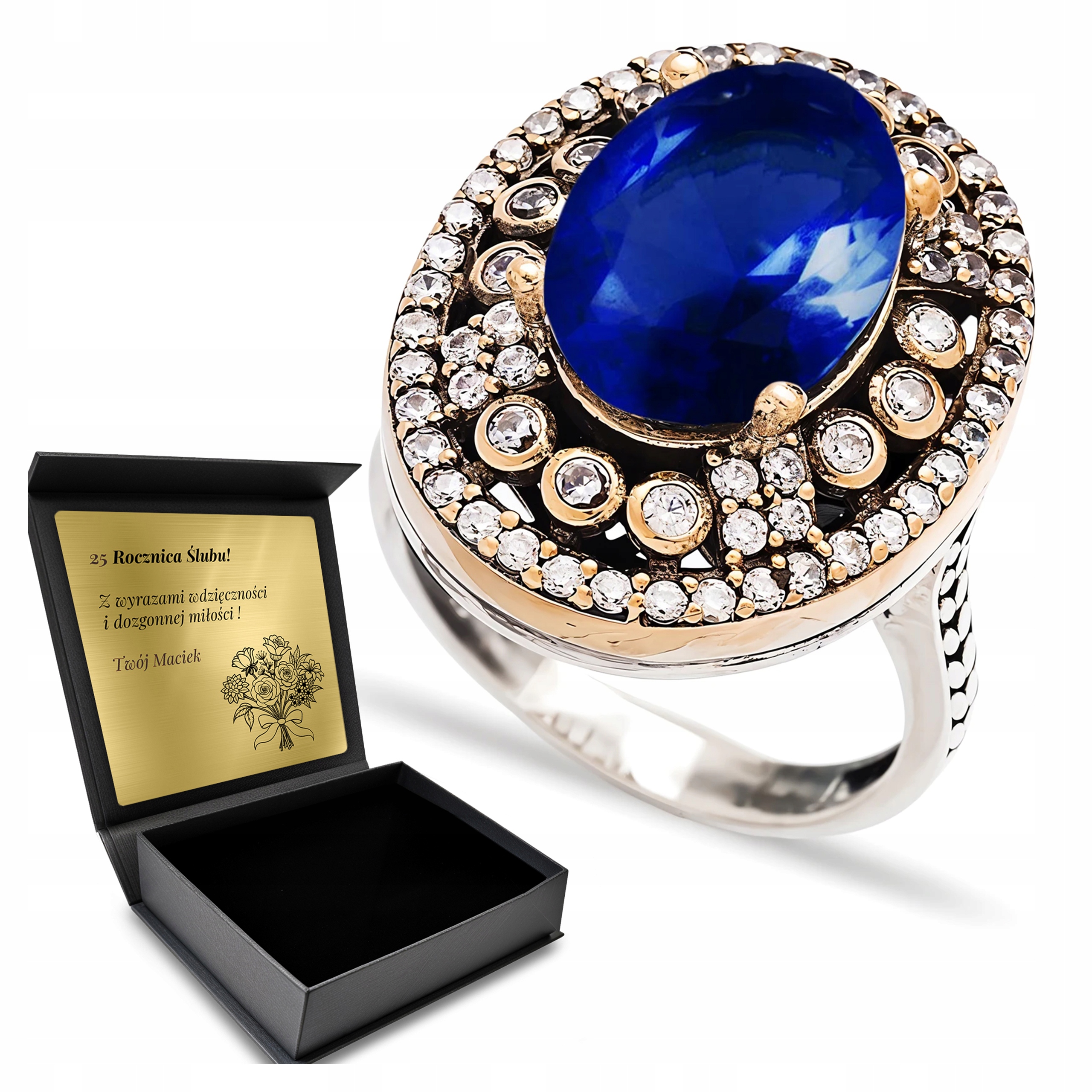 Prstýnek 925 Zirkony Safír Dárek pro ženu Gravírování