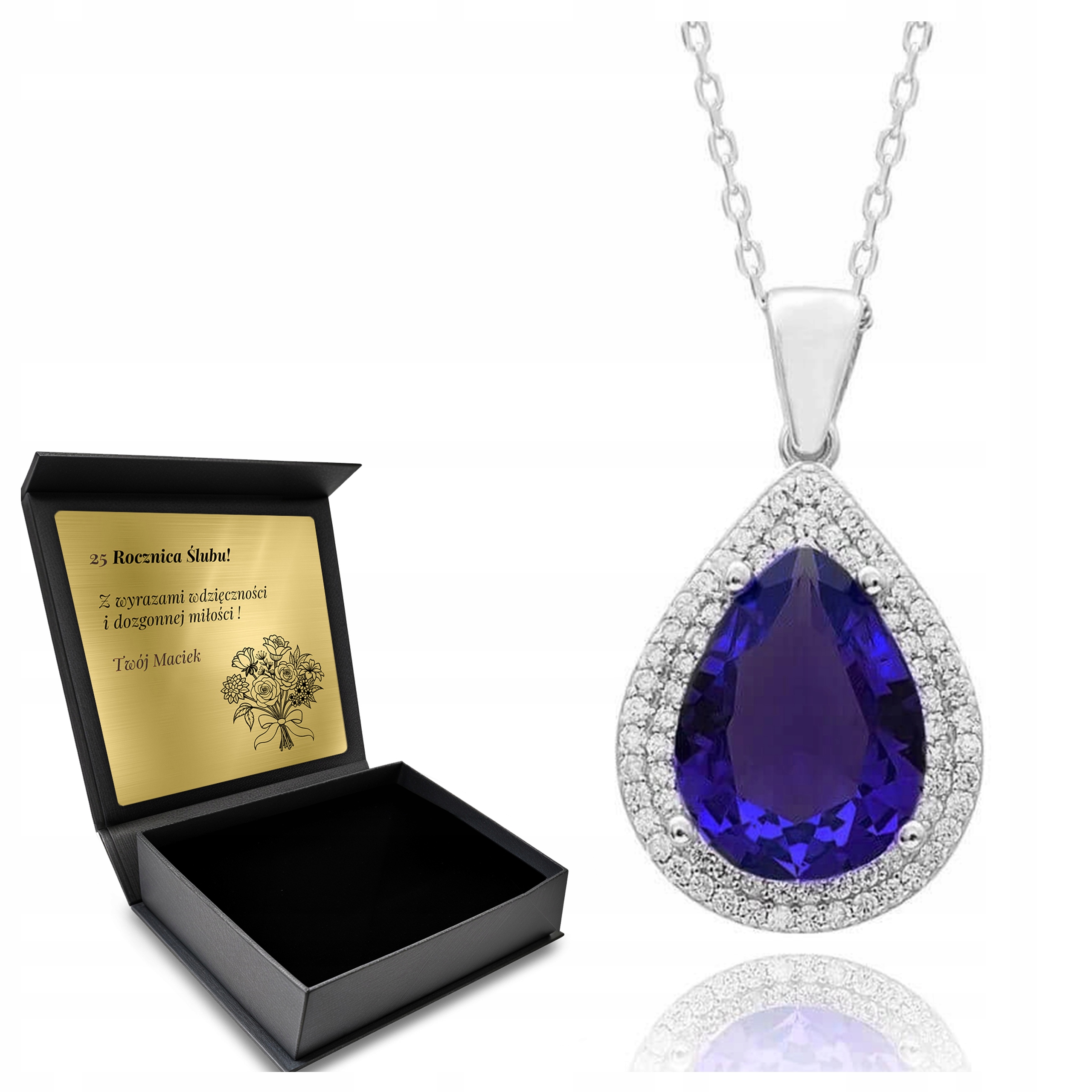 Stříbrný Náhrdelník 925 Zirkony A Safír Dárek pro ženu Gravírování