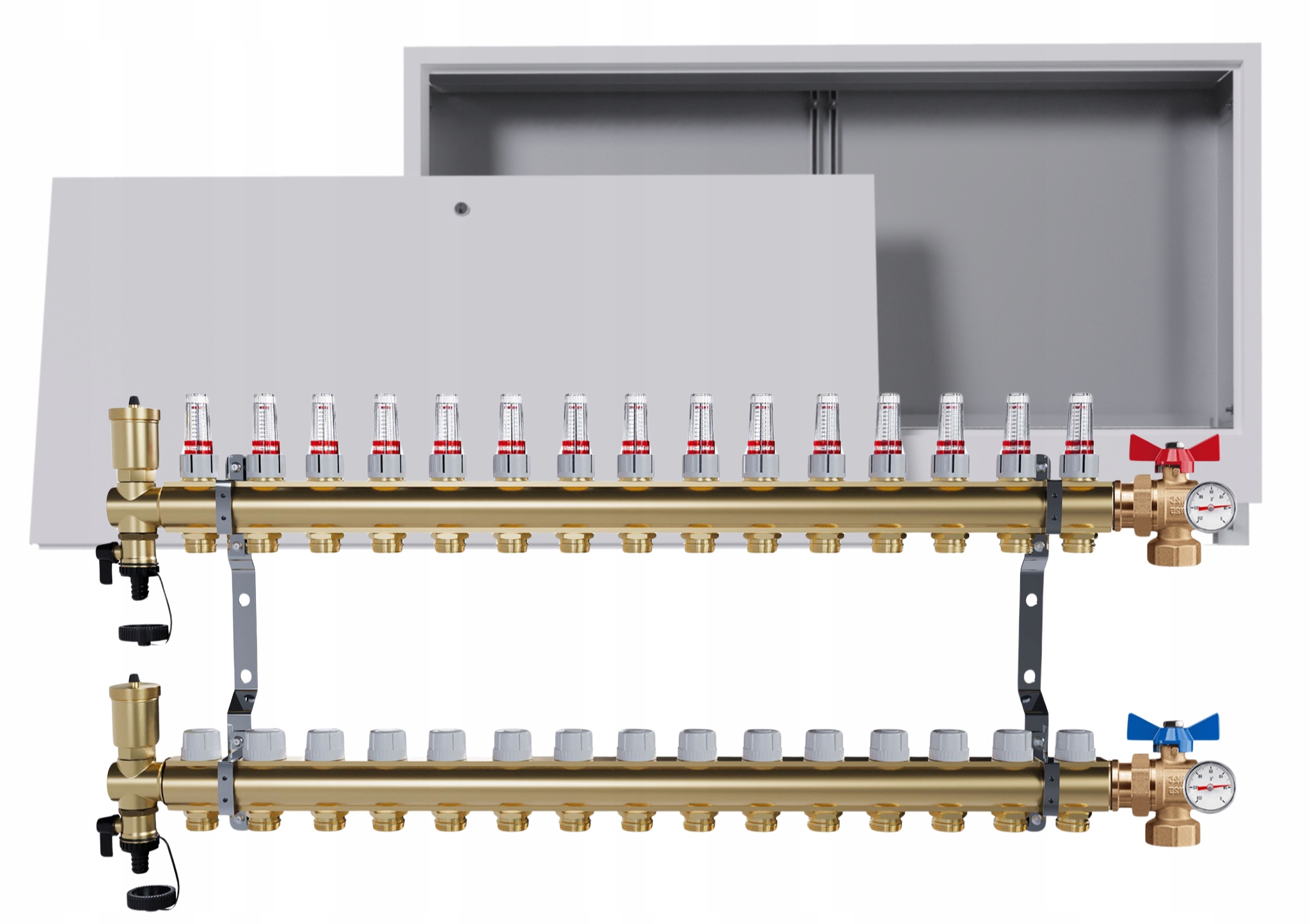 Rozdělovač Pro Podlahovou Krytinu 15 Okruhů Kulový Ventil Teploměr A Krabička