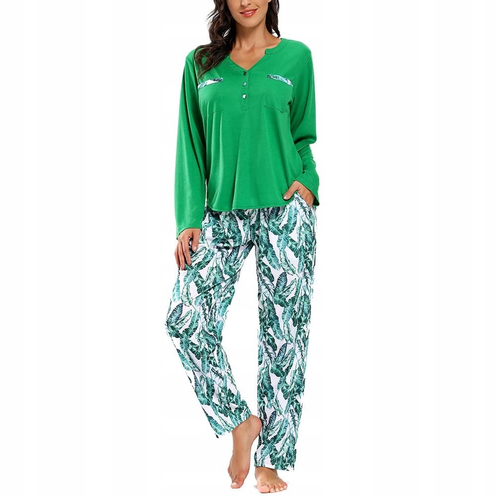 Dámské pyžamo Komplet Tričko Dlouhý rukáv Kalhoty Listy Zelená M
