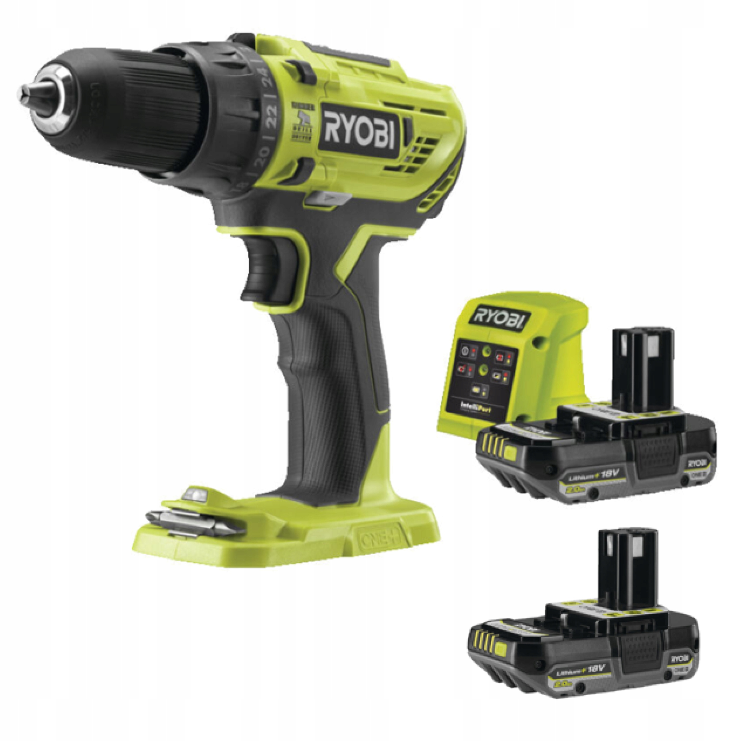 Ryobi aku vrtačka s funkcí úderu 2xAku 2,0 Ah nabíječka