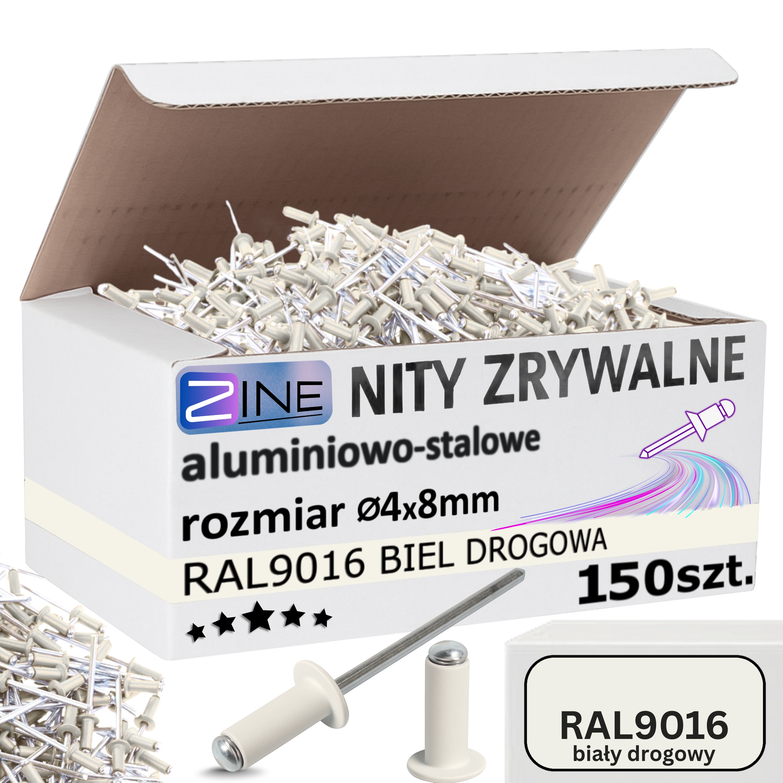 Nity Zrywalne 4x8mm Białe Biały Drogowy Kolor Ral 9016 Zine 150 sztuk