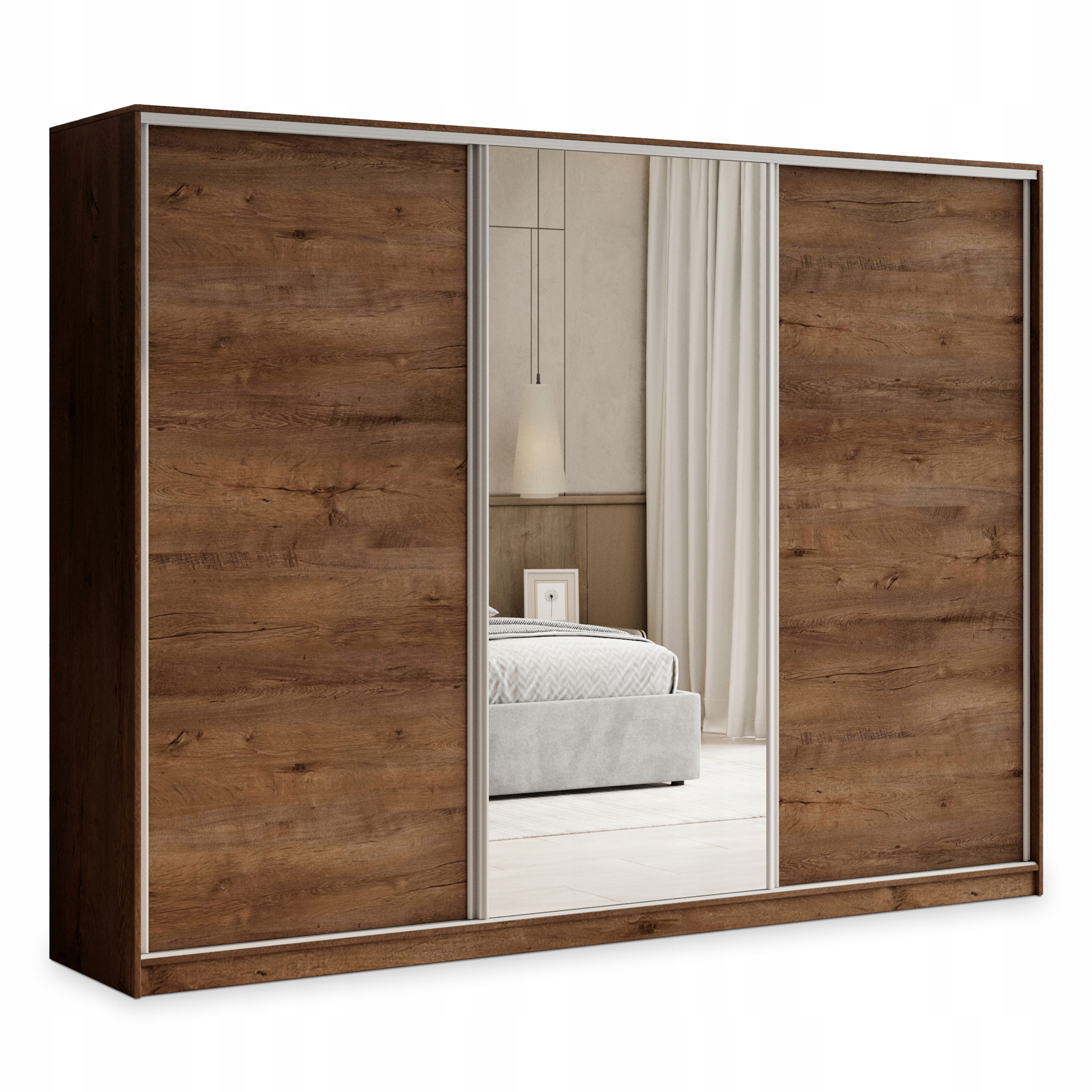 Skříň 250 cm se zrcadlem Třídveřová zásuvka Dub Lefkas