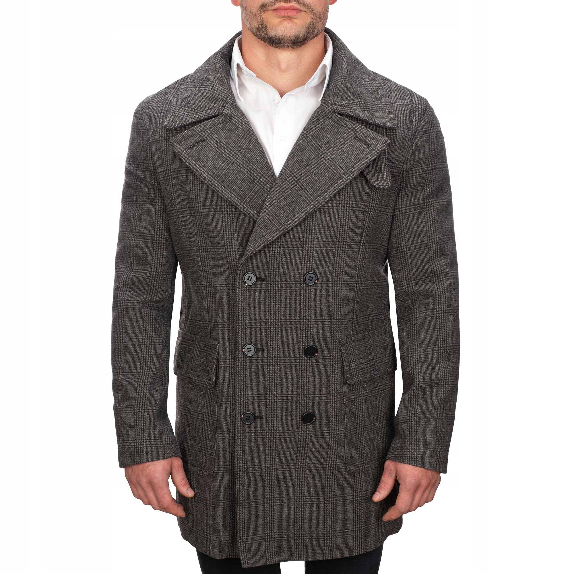 JP1191 vel. L Elegantní Dvouřadý Pánský Zateplený Kabát