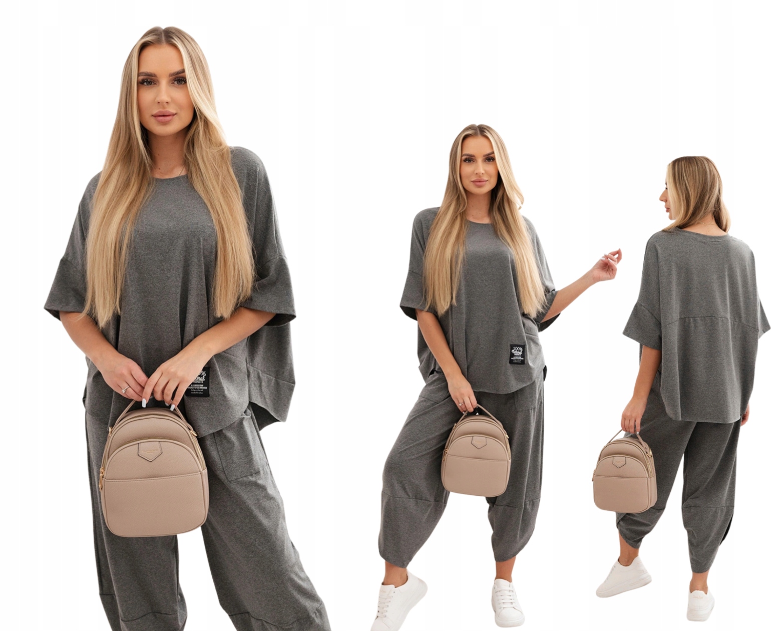 Grafitové bavlněné dámské komplety: oversize halenka a kalhoty