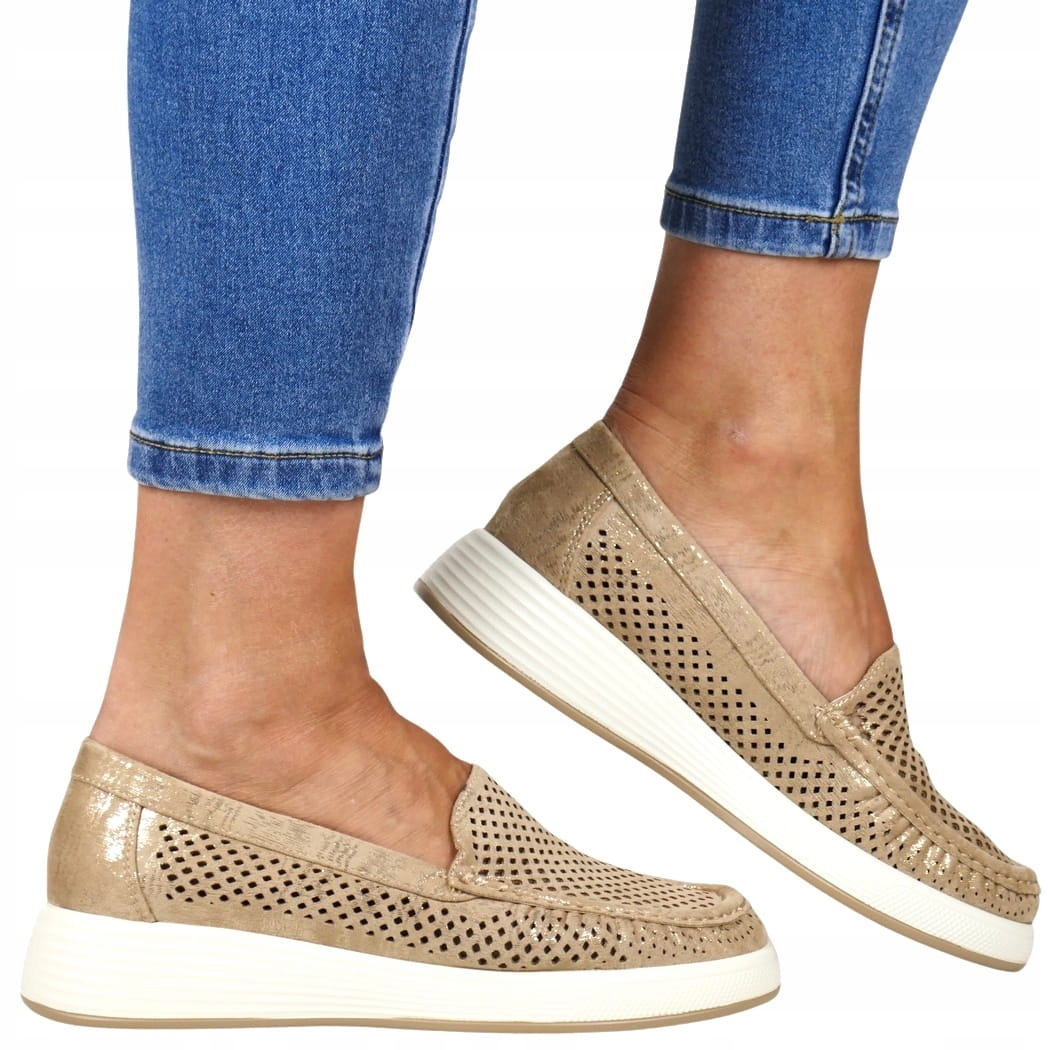 Zlaté Lesklé Mokasíny Děrované, Velmi Lehké, Pohodlné, Módní 37