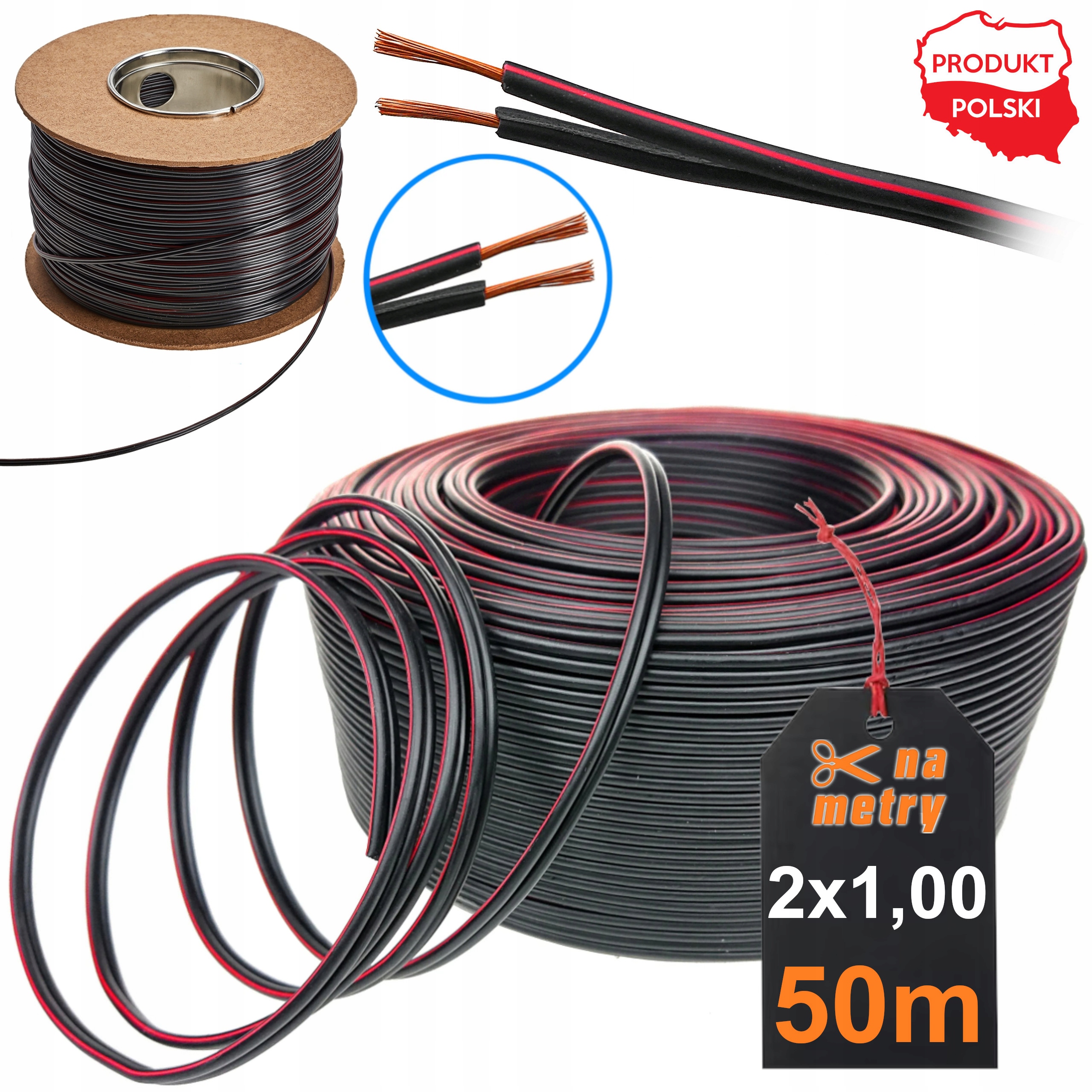 KABEL PRZEWÓD DO LED 50m CZARNY 2x1,00 MIEDZIANY | 50m