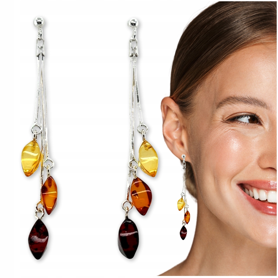Náušnice visací Dlouhé stříbrné 925 s jantarem PEcky jemné Film