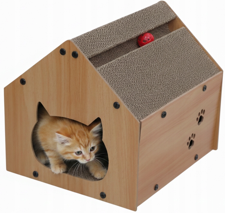 Levně Škrabadlo Pro Kočky Kartonové Mdf Pelíšek Domeček Velký Budka S Hračkou