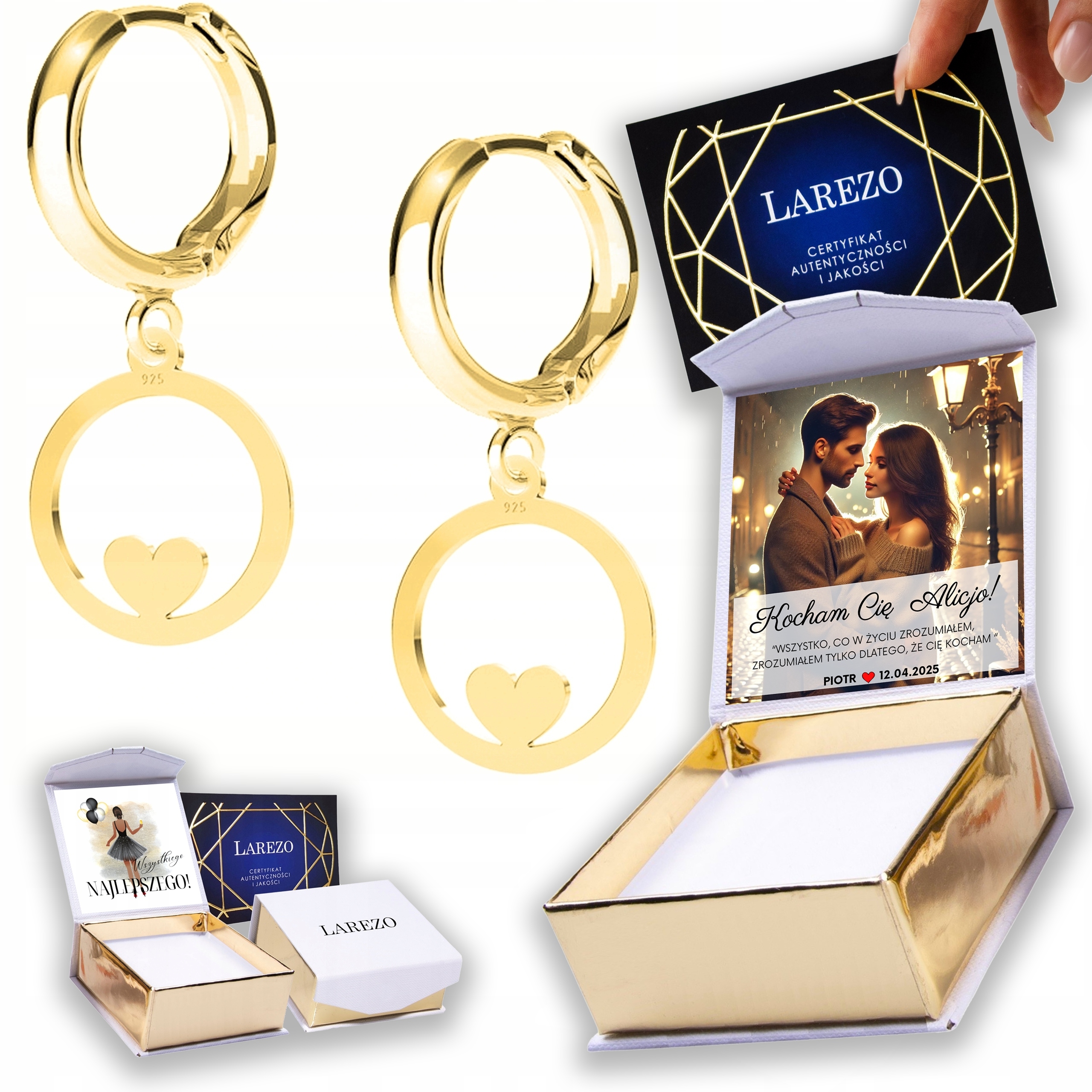 Zlaté Náušnice 925 Kolečko se srdíčkem Srdce Láska Potisk