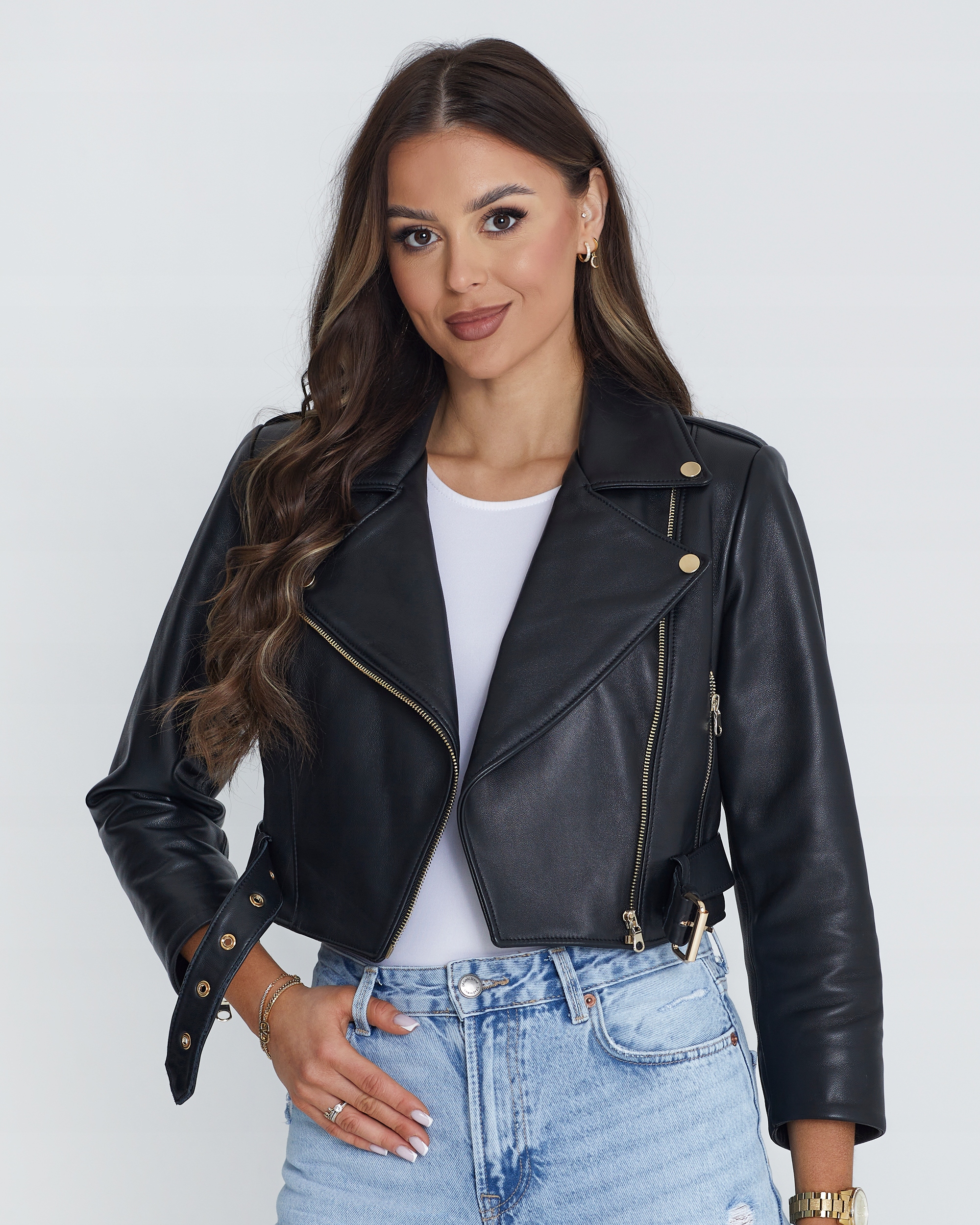 Černá Dámská Kožená Ramoneska S Páskem Selena L/40 3/4 Rukáv