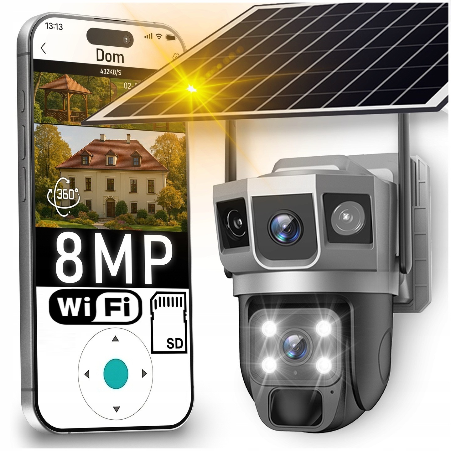 Vonkajšia Solárna Kamera WiFi 4K Dva Objektívy 8MP Rotačná 3 Usb-c Obrazovky