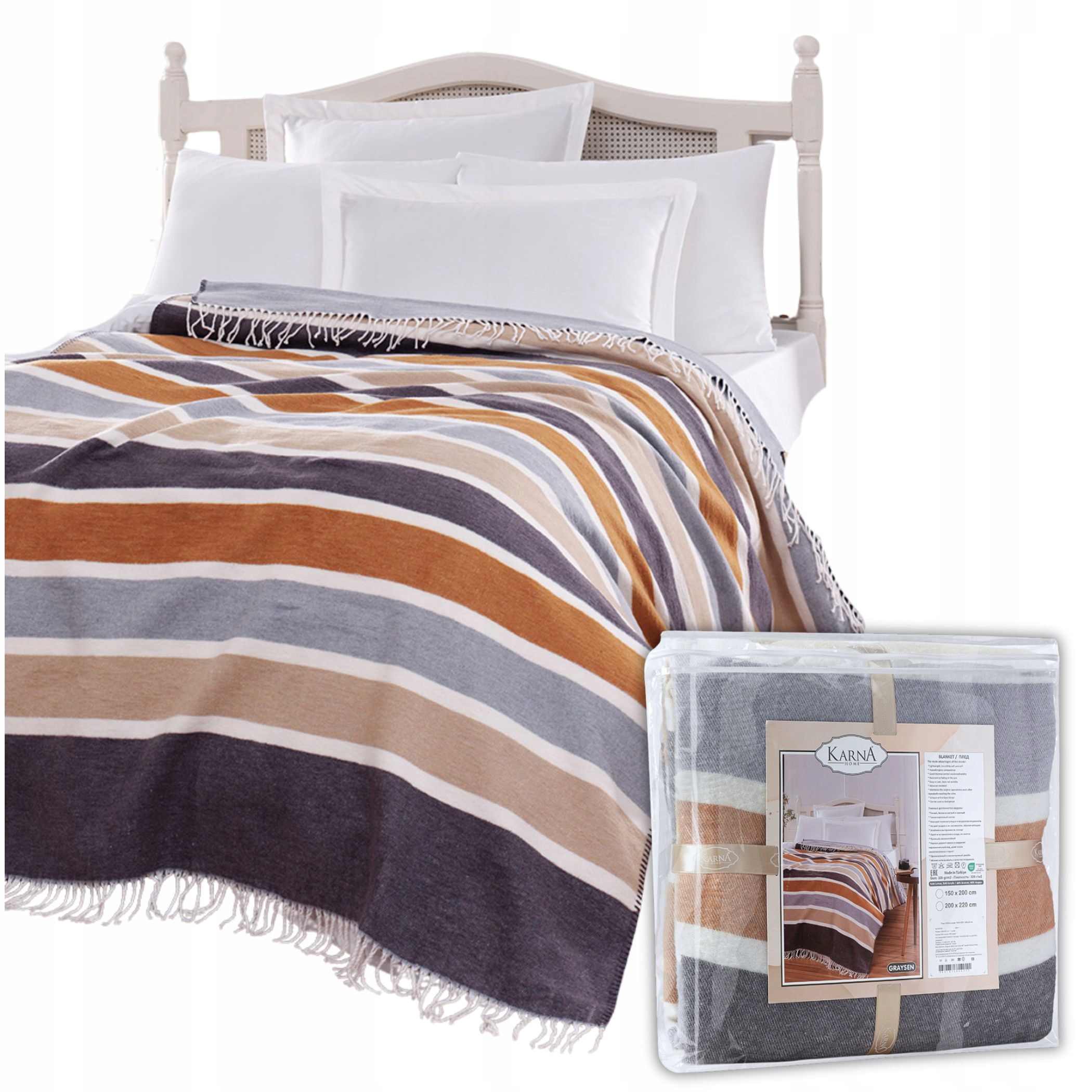 Koc bawełniany 200x220 cm z frędzlami narzuta Duży miękki boho Graysen