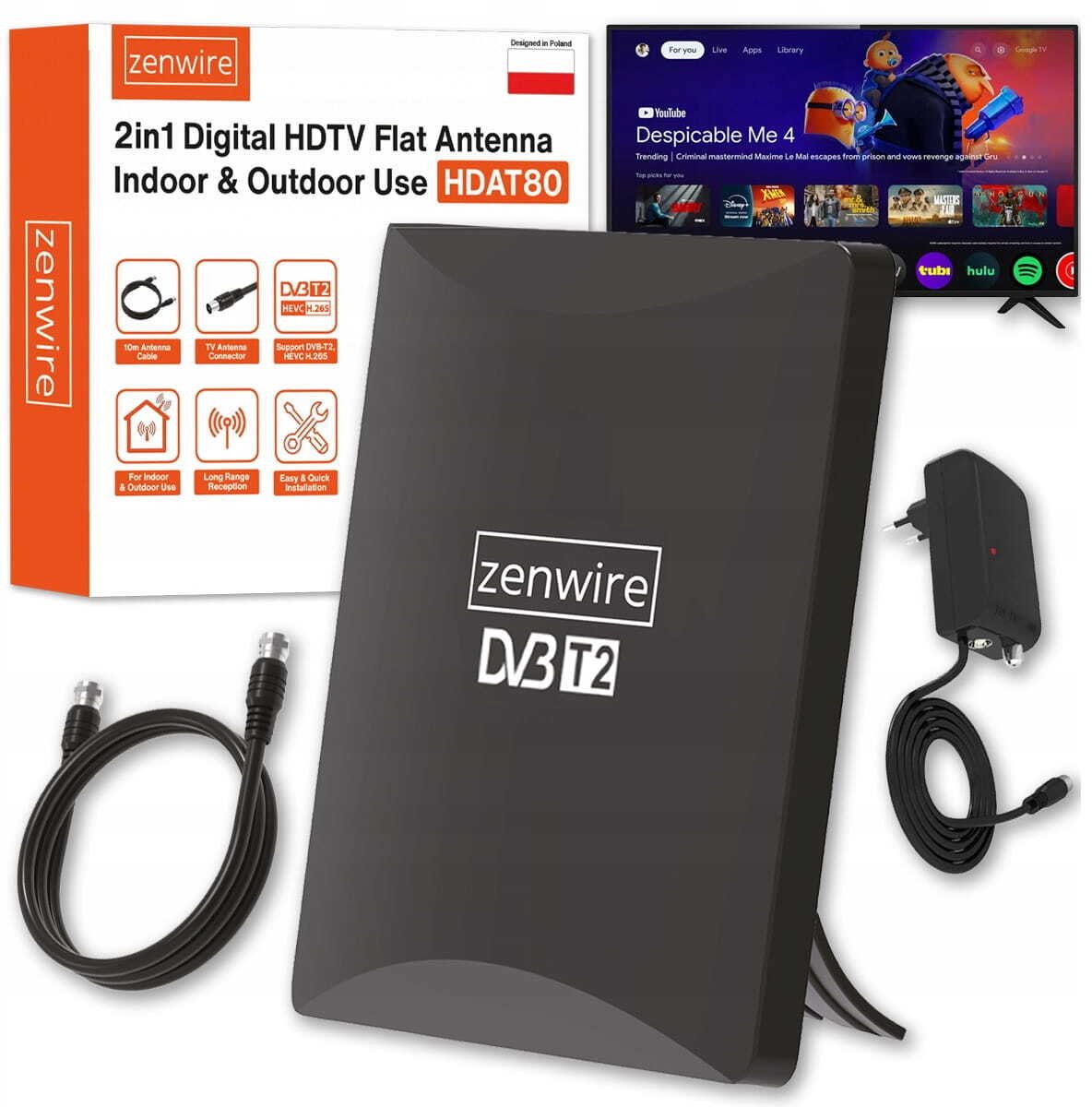 Antena do Telewizji Tv Naziemnej DVB-T2 Hevc 2w1 Zewnętrzna Wewnętrzna 4K