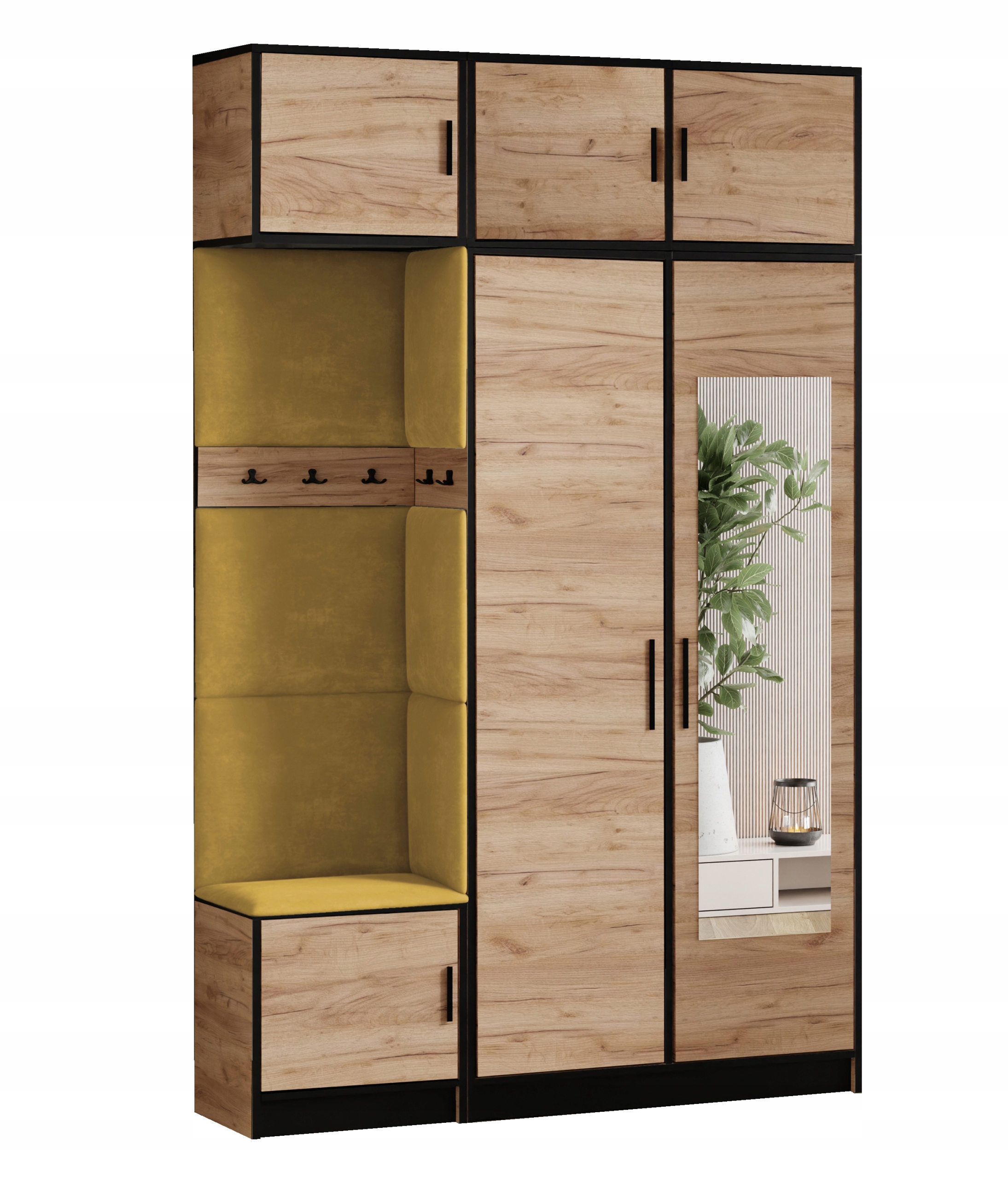 Šatní skříň Dior 13 dub craft zlatý žlutá tkanina zrcadlo s nástavcem