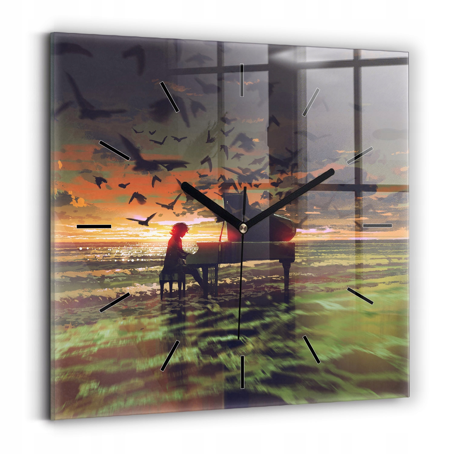 Designové skleněné hodiny do interiéru S Potiskem Koncert na pláži 30 x 30 cm