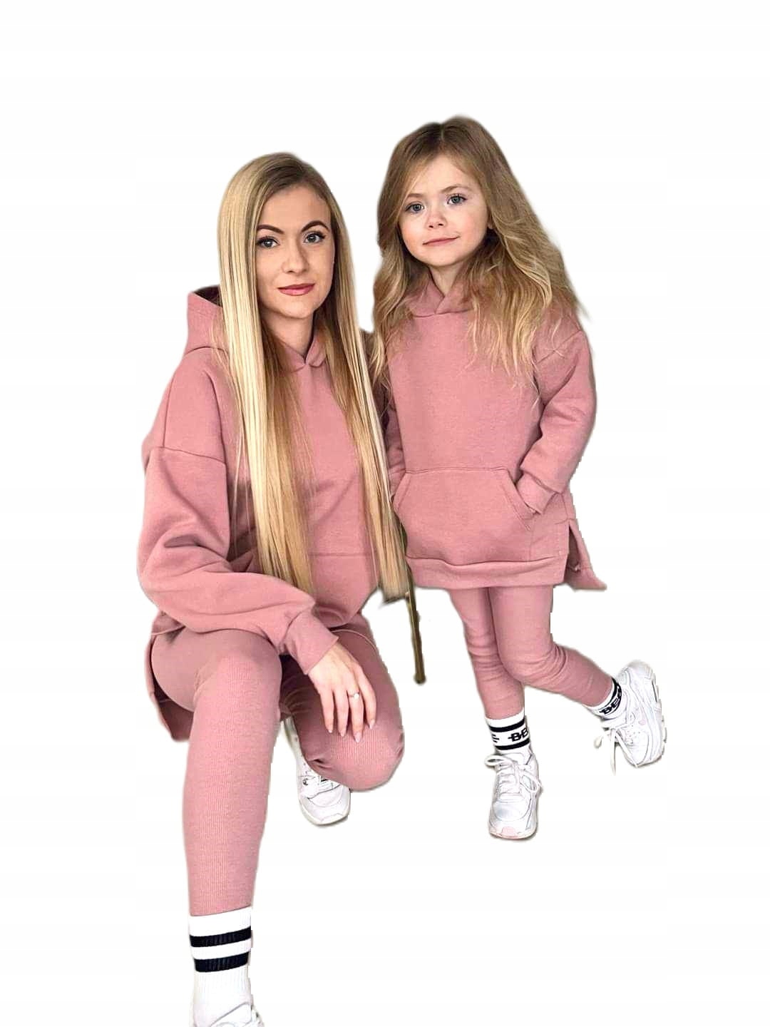Komplet dziecięcy dresowy różowy bluza z kapturem legginsy prążekr. 110