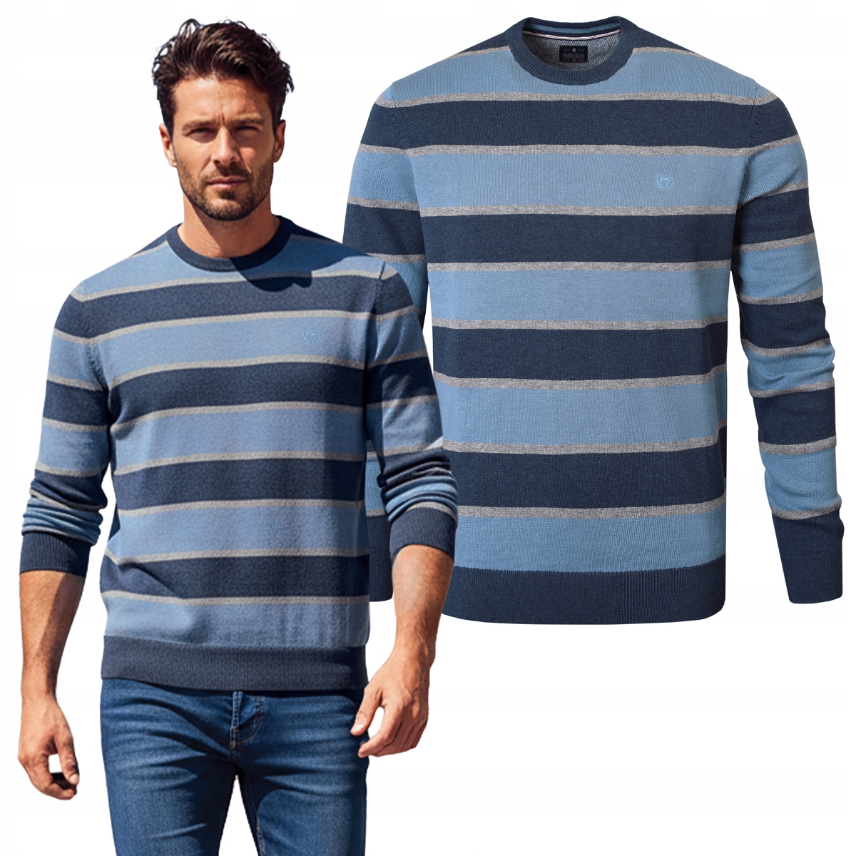 Elegantní pánský Modro-granátový Svetr s Pruhy Bavlněný L Pako Jeans