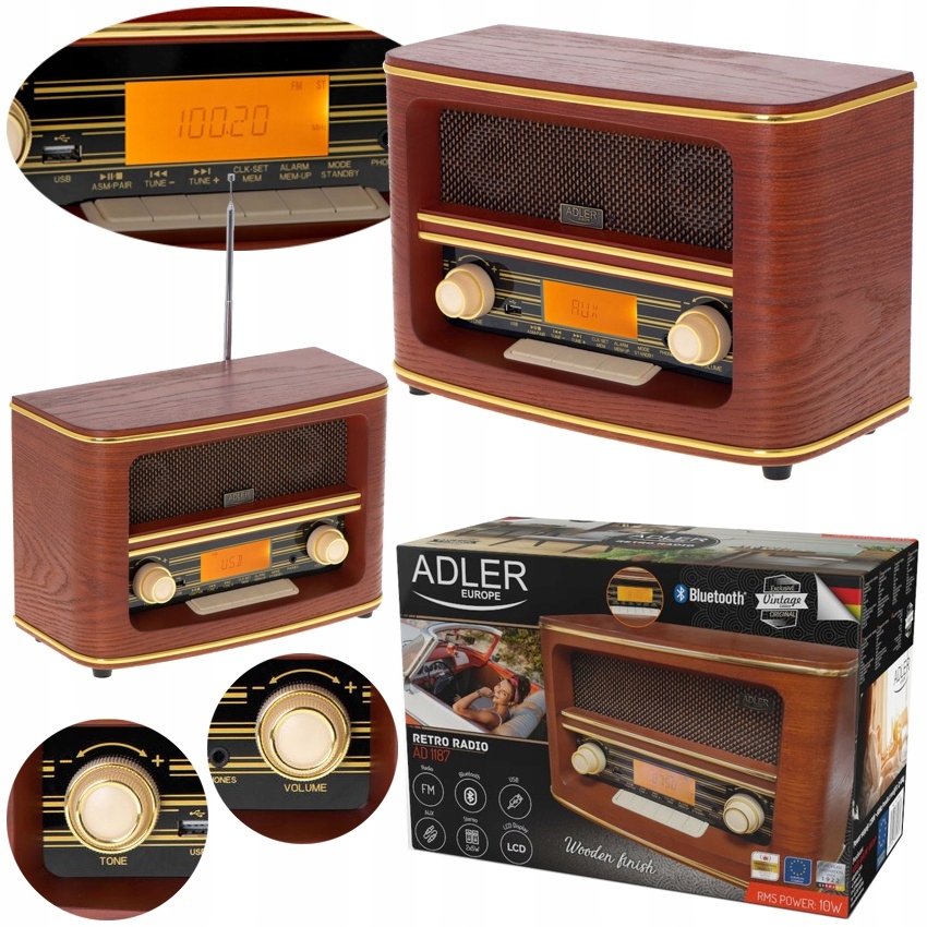Retro rádio Bluetooth Síťové Fm MP3 Usb Aux LCD Alarm Adler Ad 1187