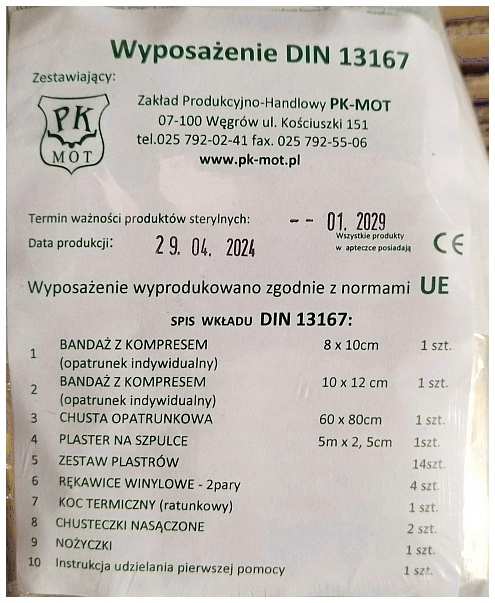 WKŁAD WYPOSAŻENIE DO APTECZKI DIN 13167