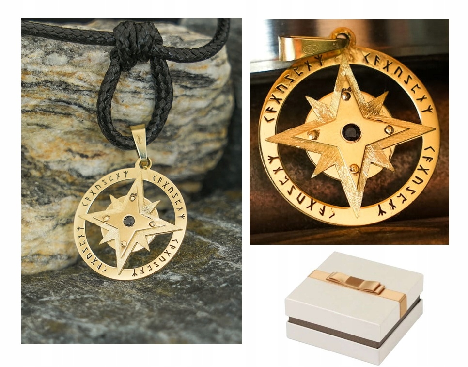 Zlato 585 Pánský náhrdelník Kompasový přívěsek s Runami Ódina Růže Větrů 14kt