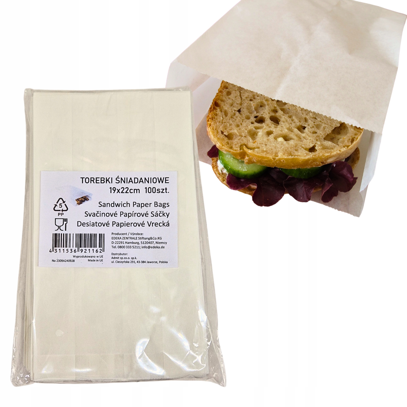 Torebki śniadaniowe papierowe 100szt 19x22cm