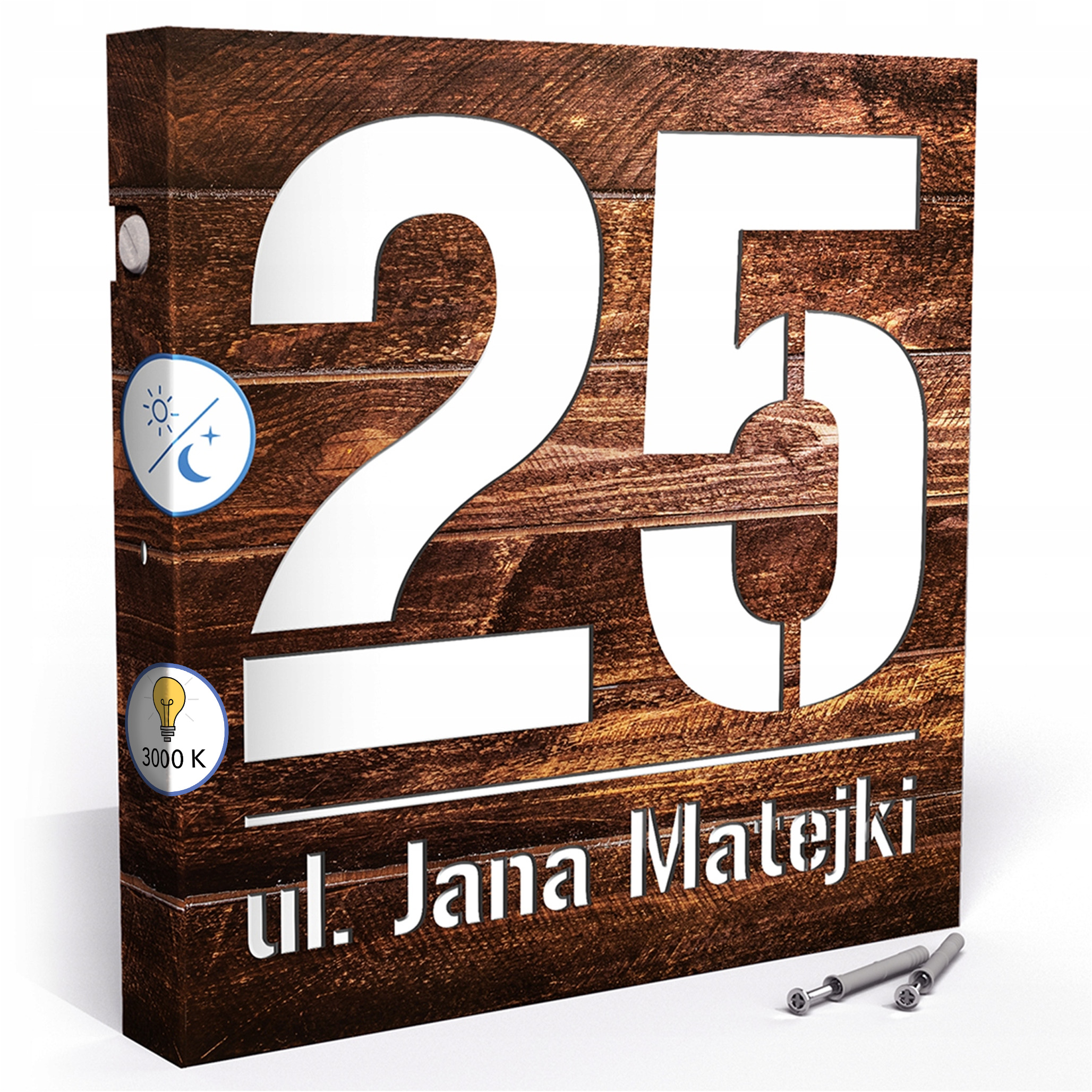 Led tabule 3000k senzor 30x30 cm Teplá barva Číslo na dům Tmavý dub